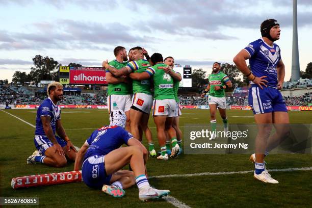 Nick Cotric of the Raiders scores a try during the round 25 NRL match between Canberra Raiders and Canterbury Bulldogs at GIO Stadium on August 20,...