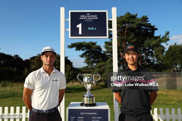 Alex Papayoanou of the USA and Kris Kim of England pose with the trophy during the Finals on Day Six of the R&A Boys' Amateur Championship at Ganton...