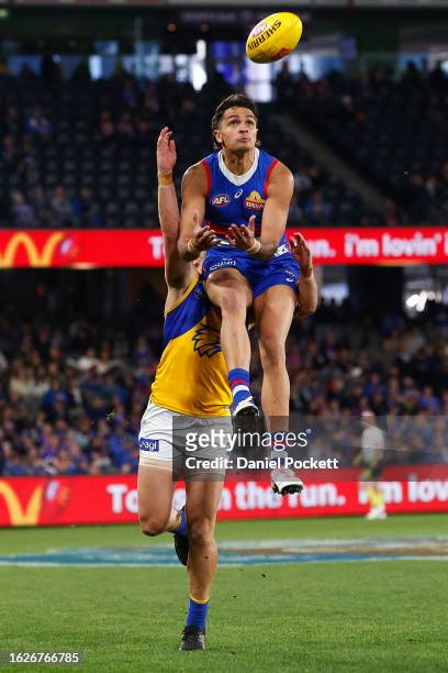 Jamarra Ugle-Hagan of the Bulldogs marks the ball during the round 23 AFL match between Western Bulldogs and West Coast Eagles at Marvel Stadium, on...