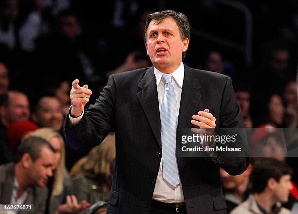 Head coach Kevin McHale of the Houston Rockets in action against the Brooklyn Nets at Barclays Center on February 22, 2013 in the Brooklyn borough of...
