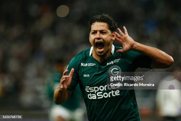 Guilherme of Goias celebrates after scoring the first goal of his team during the match between Corinthians and Goias as part of Brasileirao Series A...
