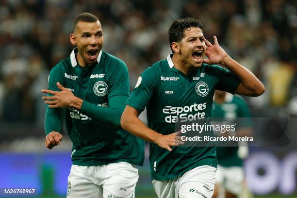 Guilherme of Goias celebrates with Joao Magno of Goias after scoring the first goal of his team during the match between Corinthians and Goias as...