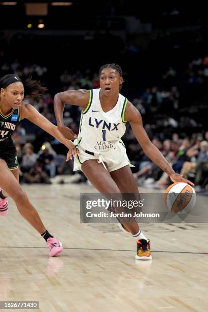 Diamond Miller of the Minnesota Lynx dribbles the ball during the game against the New York Liberty on August 26, 2023 at Target Center in...