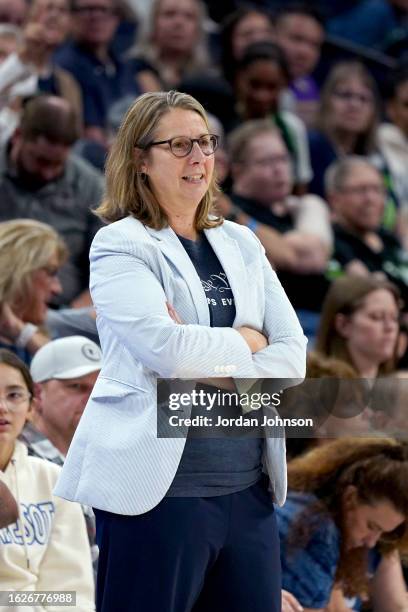 Head Coach Cheryl Reeve of the Minnesota Lynx looks on during the game against the New York Liberty on August 26, 2023 at Target Center in...