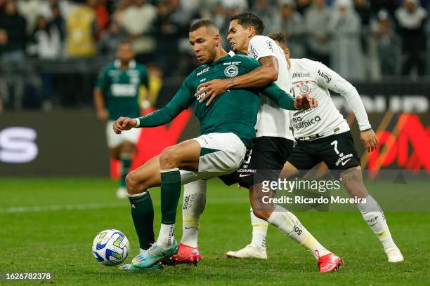 Joao Magno of Goias competes for the ball with Lucas Verissimo of Corinthians during the match between Corinthians and Goias as part of Brasileirao...