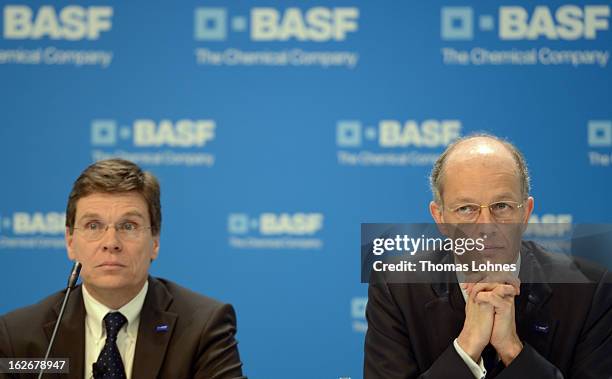 Kurt Bock , Chairman of the Board of Executive Directors at BASF SE, and Hans-Ulrich Engel , CEO of BASF SE pause at the beginning of the company's...