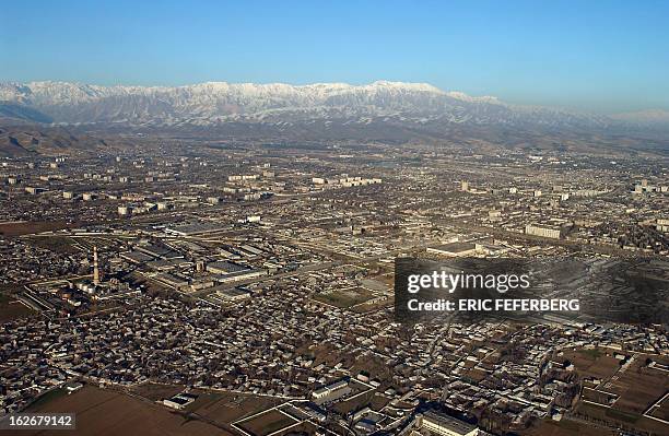 Aerial view of the capital of Tajikistan Dushanbe taken 28 January 2002 from a C-130 Hercule, during a mission accomplished by the French Air Force....