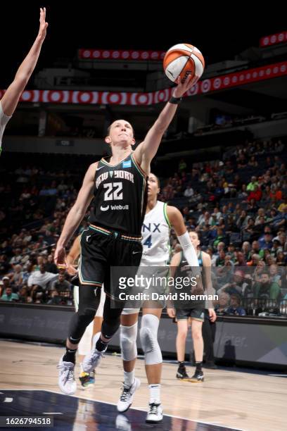 Courtney Vandersloot of the New York Liberty goes to the basket during the game against the Minnesota Lynx on August 26, 2023 at Target Center in...