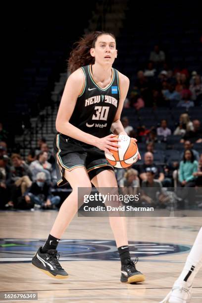 Breanna Stewart of the New York Liberty shoots a three point basket during the game against the Minnesota Lynx on August 26, 2023 at Target Center in...