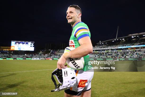 Jarrod Croker of the Raiders reacts at full time during the round 25 NRL match between Canberra Raiders and Canterbury Bulldogs at GIO Stadium on...