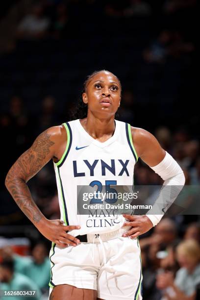 Tiffany Mitchell of the Minnesota Lynx looks on during the game against the New York Liberty on August 26, 2023 at Target Center in Minneapolis,...