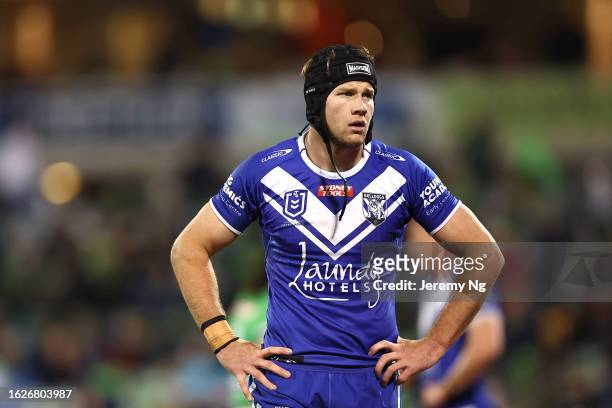 Matt Burton of the Bulldogs react at full time during the round 25 NRL match between Canberra Raiders and Canterbury Bulldogs at GIO Stadium on...