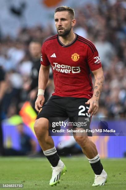 Luke Shaw of Manchester United during the Premier League match between Tottenham Hotspur and Manchester United at Tottenham Hotspur Stadium on August...