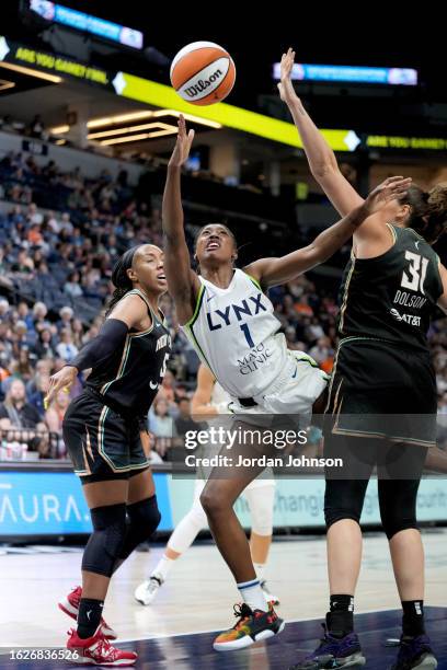 Diamond Miller of the Minnesota Lynx goes to the basket during the game against the New York Liberty on August 26, 2023 at Target Center in...