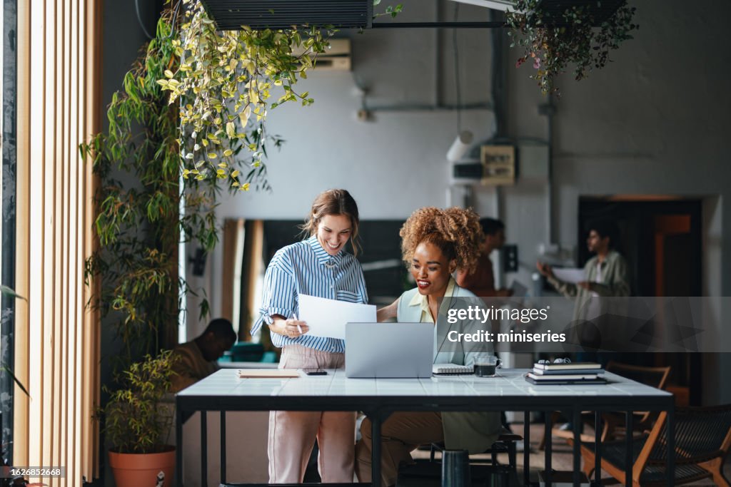 Two Happy Beautiful Blonde Businesswomen Working In The Office Using Their Computer