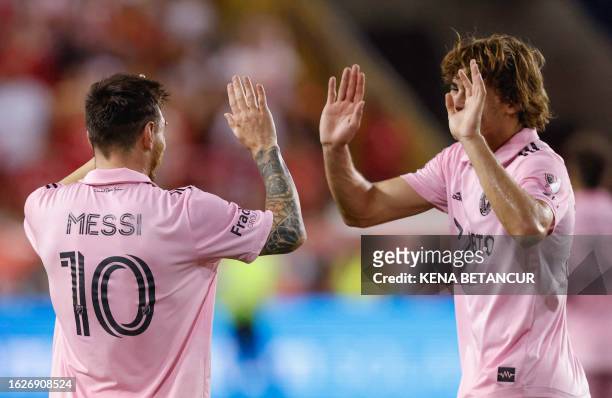 Inter Miami's Argentine forward Lionel Messi celebrates scoring his team's second goal during the Major League Soccer 2023 match between Inter Miami...