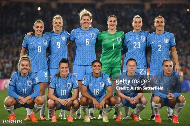 Players of England pose for a team photo prior to the FIFA Women's World Cup Australia & New Zealand 2023 Final match between Spain and England at...