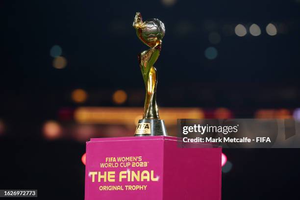 The FIFA Women's World Cup Trophy is displayed prior to the FIFA Women's World Cup Australia & New Zealand 2023 Final match between Spain and England...