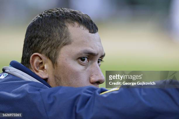 Pitcher Freddy Garcia of the Seattle Mariners looks on from the dugout during a game against the Pittsburgh Pirates at PNC Park on June 19, 2004 in...
