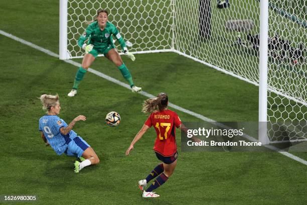 Alba Redondo of Spain crosses the ball while Rachel Daly of England attempts to block during the FIFA Women's World Cup Australia & New Zealand 2023...