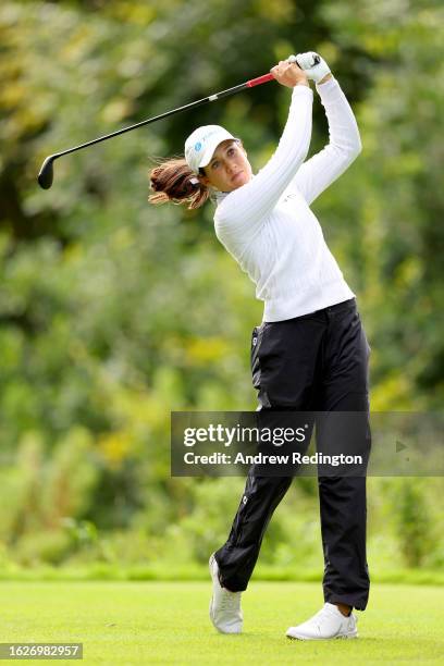 Albane Valenzuela of Switzerland plays her tee shot from the 6th hole Day Four of the ISPS HANDA World Invitational presented by AVIV Clinics at...