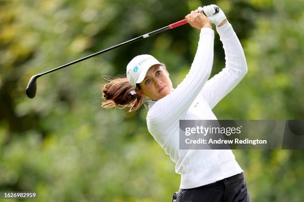 Albane Valenzuela of Switzerland plays her tee shot from the 6th hole Day Four of the ISPS HANDA World Invitational presented by AVIV Clinics at...
