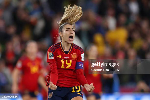 Olga Carmona of Spain celebrates after scoring her team's first goal during the FIFA Women's World Cup Australia & New Zealand 2023 Final match...