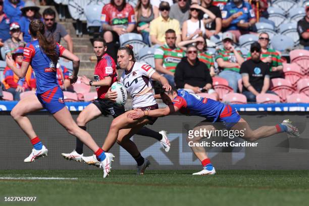 Lauren Dam of the Broncos runs with the ball during the round five NRLW match between Newcastle Knights and Brisbane Broncos at McDonald Jones...