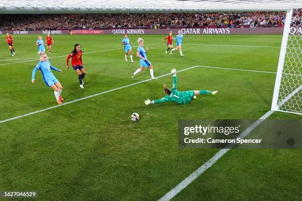 Olga Carmona of Spain scores her team's first goal past Mary Earps of England during the FIFA Women's World Cup Australia & New Zealand 2023 Final...