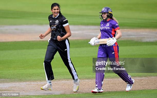 Superchargers batter Marie Kelly is dismissed by Originals bowler Mahika Gaur during The Hundred match between Manchester Originals Women and...