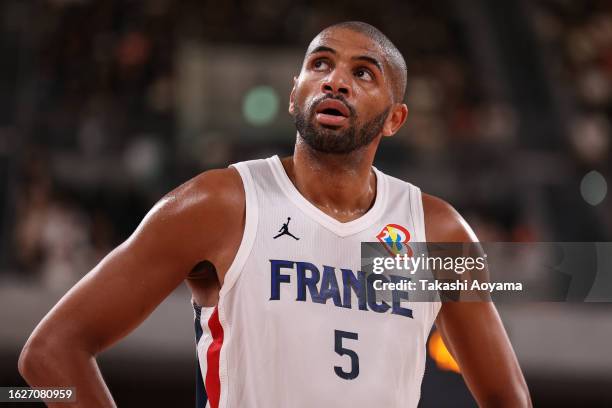Nicolas Batum of France looks on during the international basketball game between France and Australia at Ariake Arena on August 20, 2023 in Tokyo,...