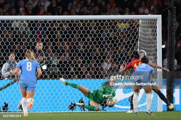 Mary Earps of England makes a save taken by Jennifer Hermoso of Spain during the FIFA Women's World Cup Australia & New Zealand 2023 Final match...