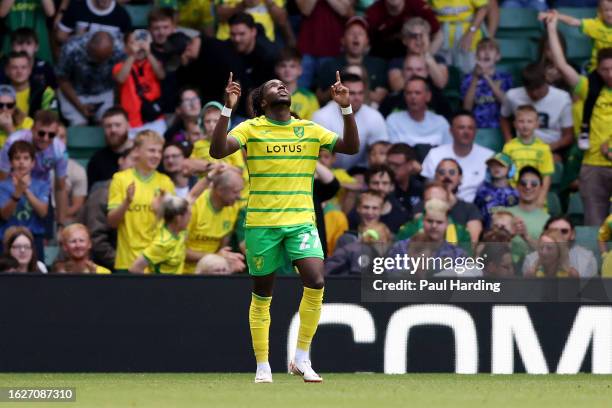 Jonathan Rowe of Norwich City celebrates after scoring the team's first goal during the Sky Bet Championship match between Norwich City and Millwall...