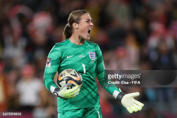 Mary Earps of England reacts after saving a penalty taken by Jennifer Hermoso of Spain during the FIFA Women's World Cup Australia & New Zealand 2023...