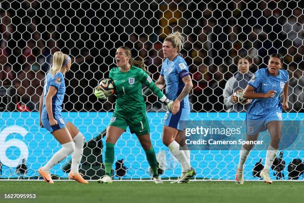 Mary Earps of England reacts after saving a penalty taken by Jennifer Hermoso of Spain during the FIFA Women's World Cup Australia & New Zealand 2023...