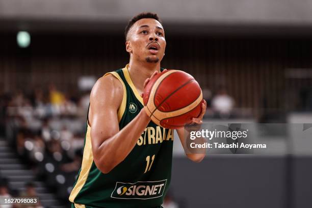 Dante Exum of Australia shoots a free throw during the international basketball game between France and Australia at Ariake Arena on August 20, 2023...