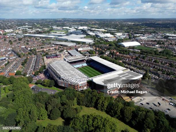 An aerial view of Villa Park prior to the Premier League match between Aston Villa and Everton FC at Villa Park on August 20, 2023 in Birmingham,...