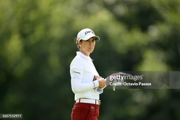Azahara Munoz of Spain prepares to play her tee shot from the 6th hole on Day Four of the ISPS HANDA World Invitational presented by AVIV Clinics at...