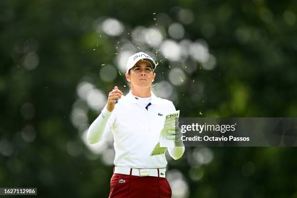 Azahara Munoz of Spain prepares to play her tee shot from the 6th hole on Day Four of the ISPS HANDA World Invitational presented by AVIV Clinics at...