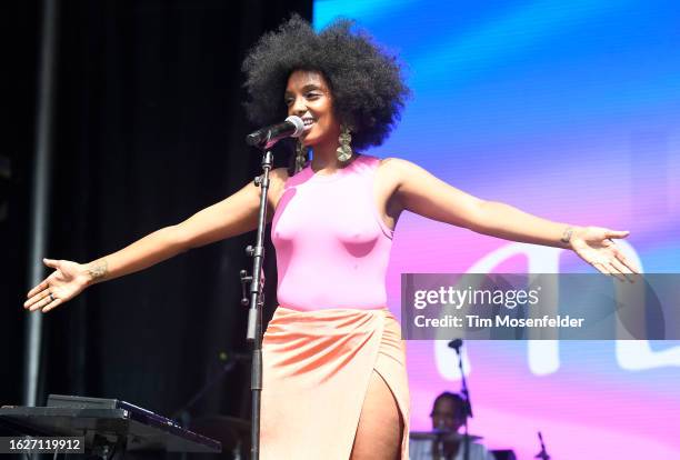 Mereba performs during the Sol Blume Music festival at Discovery Park on August 19, 2023 in Sacramento, California.