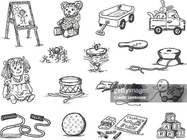 spielzeug und kritzeleien - birthday cartoon stock-grafiken, -clipart, -cartoons und -symbole