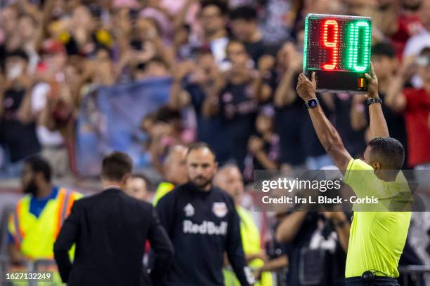 The referee signals that a substitution will be made and it is Lionel Messi of Inter Miami coming in for Leonardo Campana of Inter Miami in the...