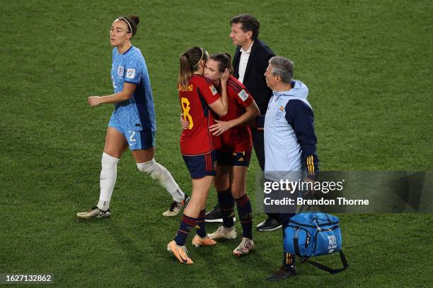 Laia Codina of Spain is embraced by Mariona Caldentey of Spain after leaving the pitch during the FIFA Women's World Cup Australia & New Zealand 2023...