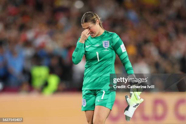 Mary Earps of England shows dejection after the team’s defeat following the FIFA Women's World Cup Australia & New Zealand 2023 Final match between...