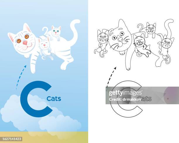 cats family coloring page and alphabet - turkish angora stock illustrations