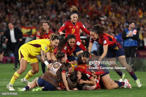 Spain players celebrate after the team's victory in the FIFA Women's World Cup Australia & New Zealand 2023 Final match between Spain and England at...