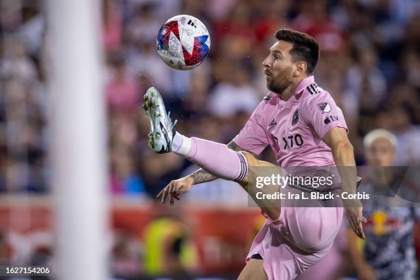 Lionel Messi of Inter Miami tries to kick the ball into the goal in the second half of the Major League Soccer match against the New York Red Bulls...