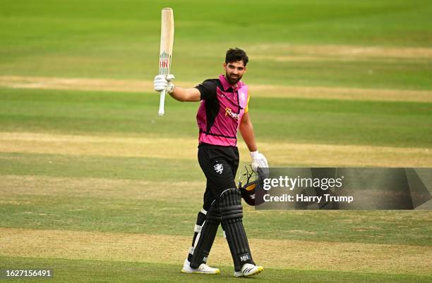 Andrew Umeed of Somerset celebrates their century during the Metro Bank One Day Cup match between Somerset and Glamorgan at The Cooper Associates...