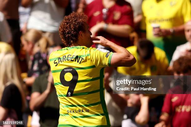 Josh Sargent of Norwich City celebrates after scoring the team's second goal during the Sky Bet Championship match between Norwich City and Millwall...