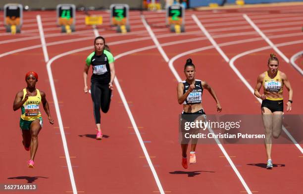 Zoe Hobbs of Team New Zealand competes in the Women's 100m Heats during day two of the World Athletics Championships Budapest 2023 at National...